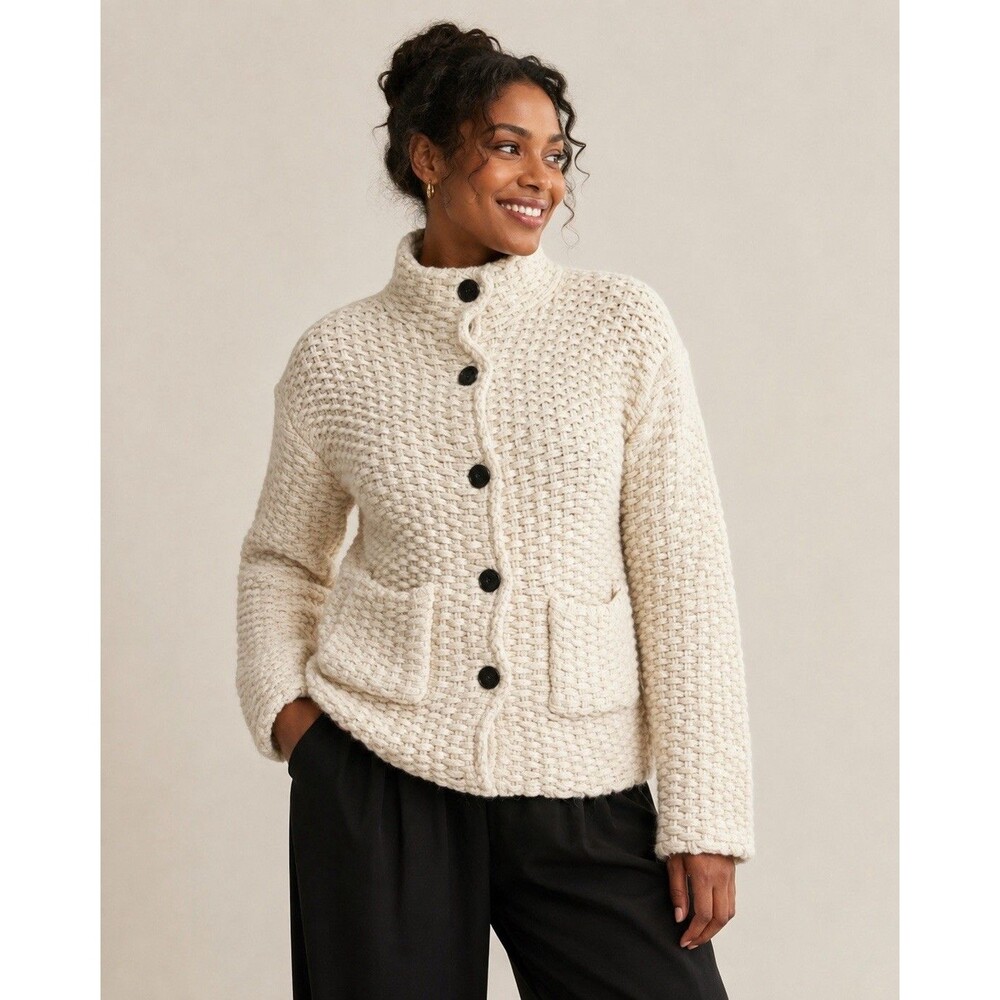 Zara Ivory Basketweave Wool Alpaca Blend Chunky Knit Sweater Cardigan Medium